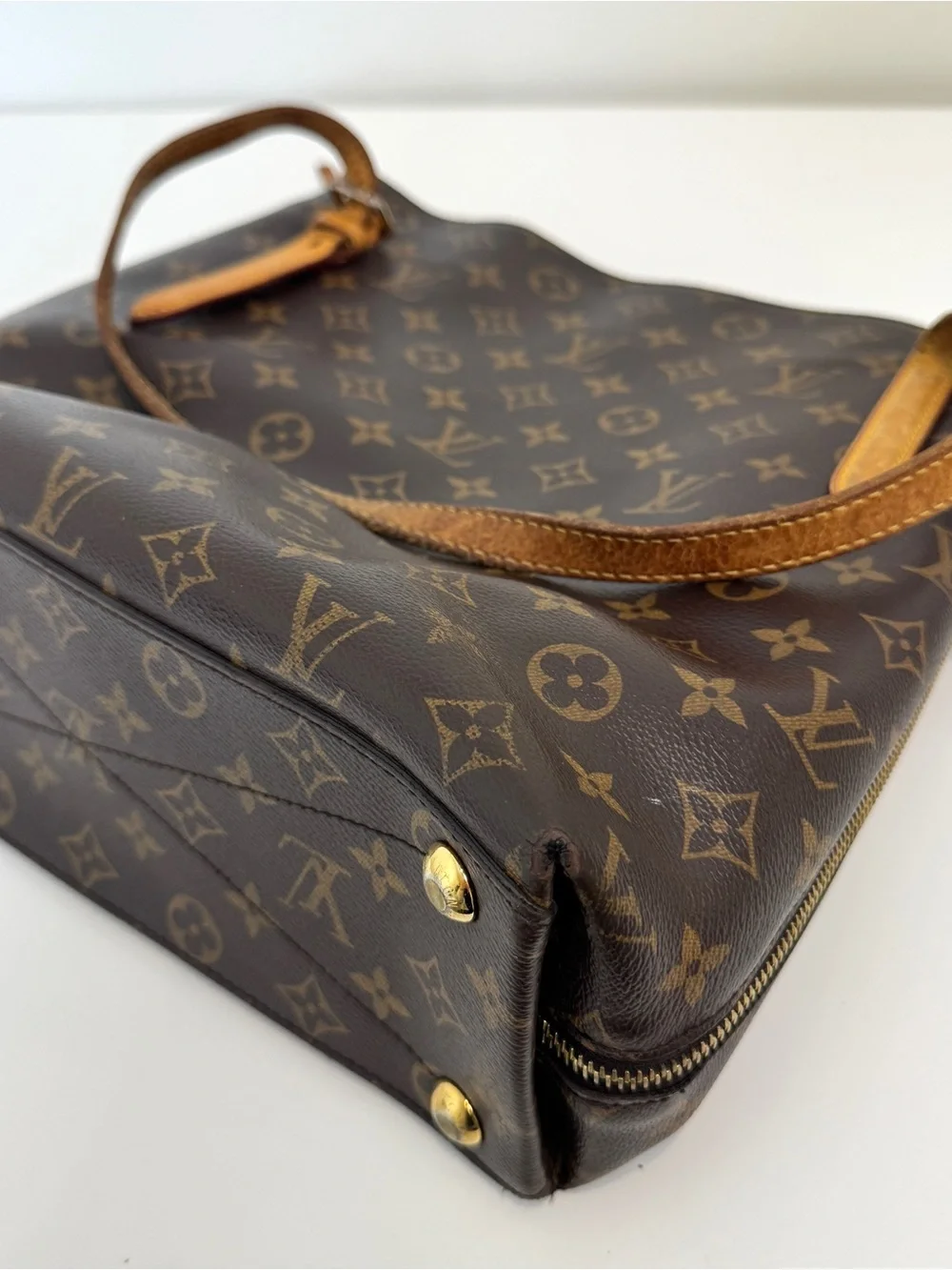 Louis Vuitton Brown Tan Monogram Voltaire Leather Trim Shoulder Bag Tote LV Zip